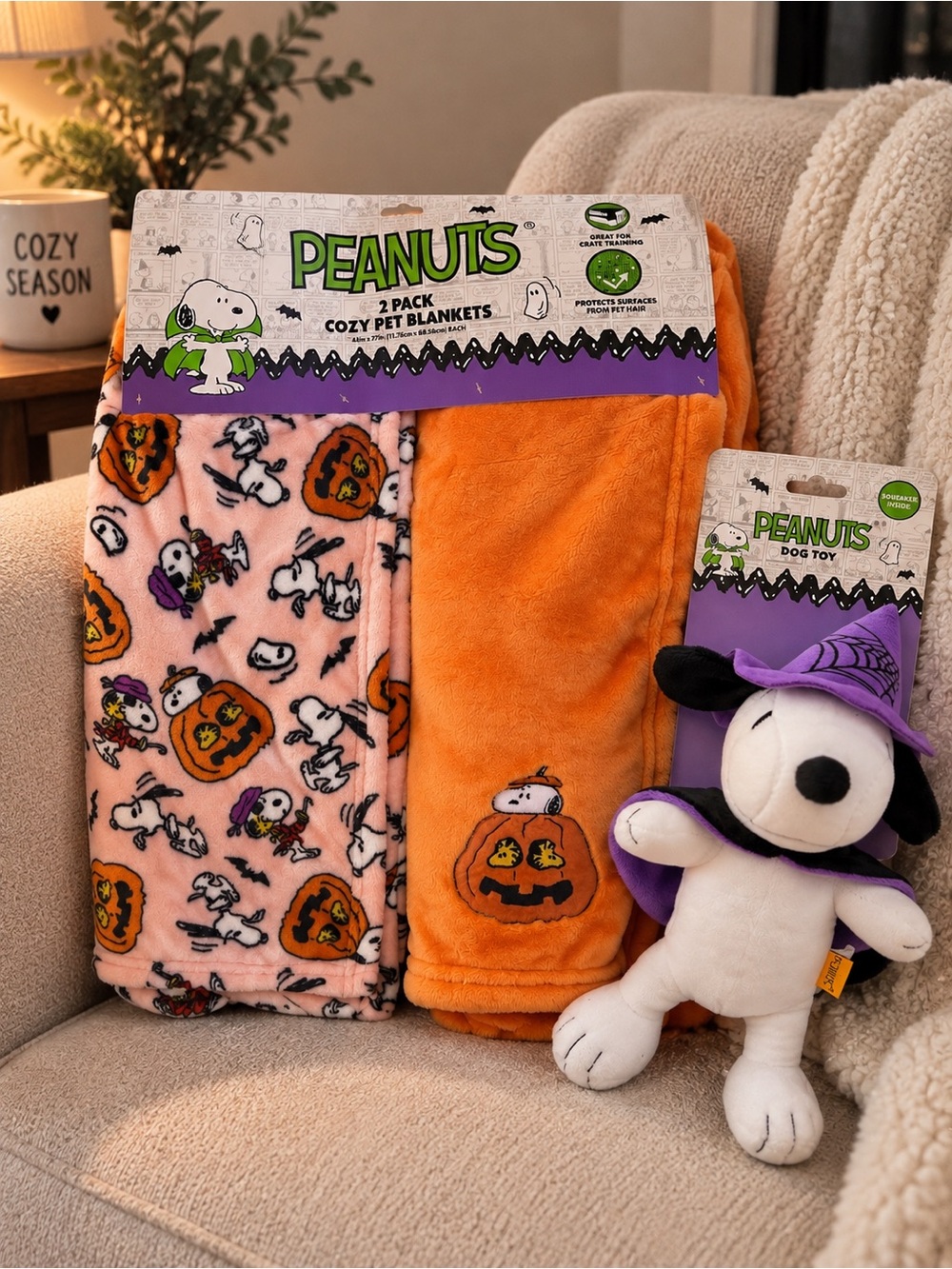 Snoopy Halloween 2 dog blankets and toy bundle
